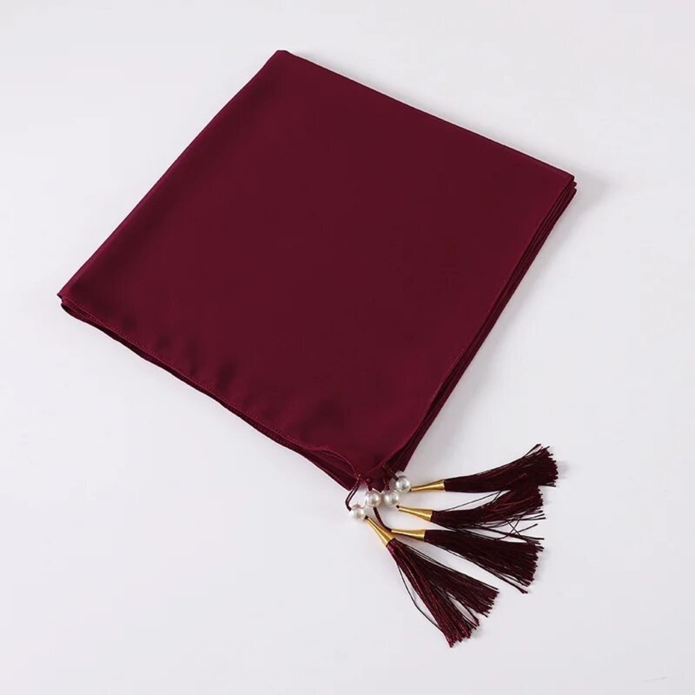 Square Chiffon Hijab Scarf With Tassle Pearls Muslim Fashion Scarf For Women